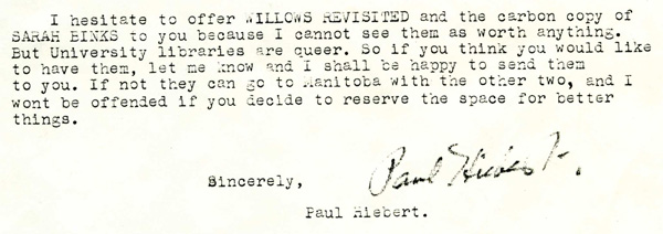 A detail from a letter sent by Paul Hiebert explaining the gift of his manuscripts to the library